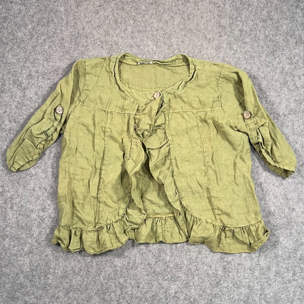 Made In Italy Green Linen 3/4 Roll-Tab Sleeve Ruffled Blouse Women's One Size